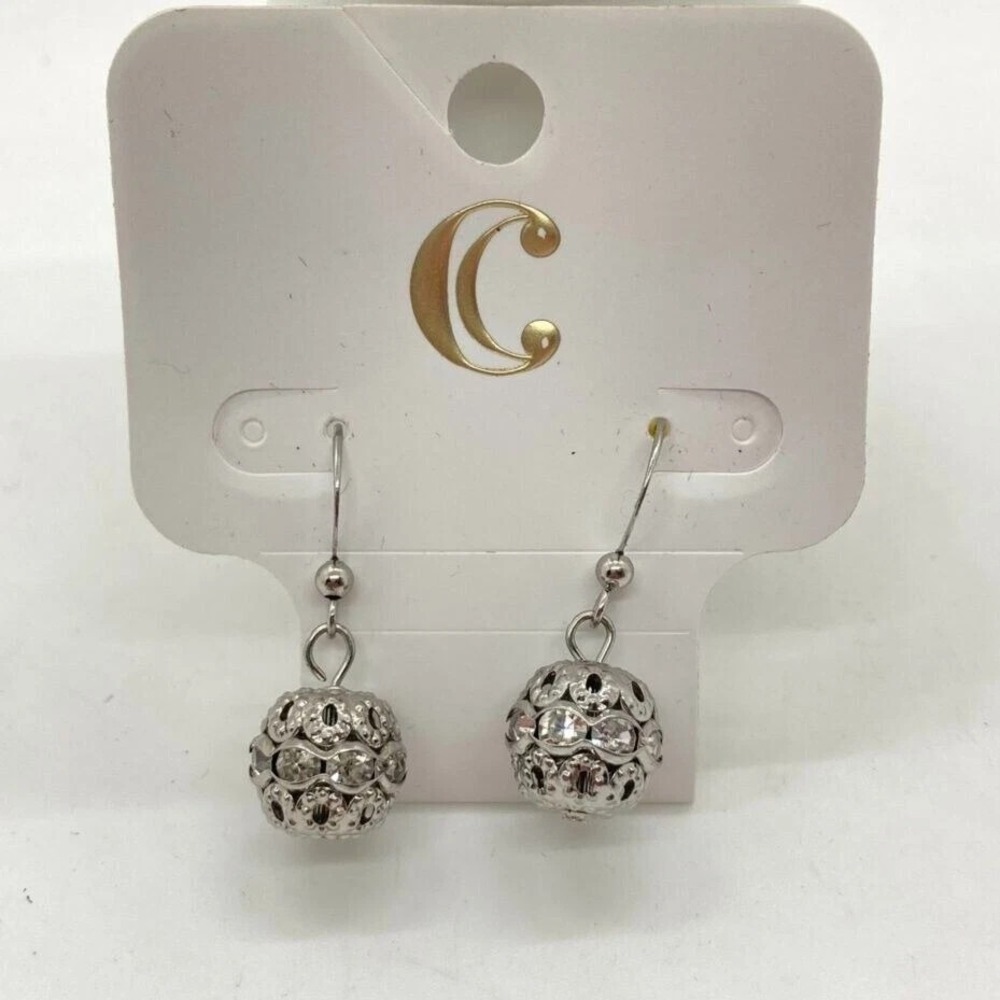 Charming Charlie Silver Tone Dangle Earrings‎ Clear Crystal Pave Ball Fish Hook